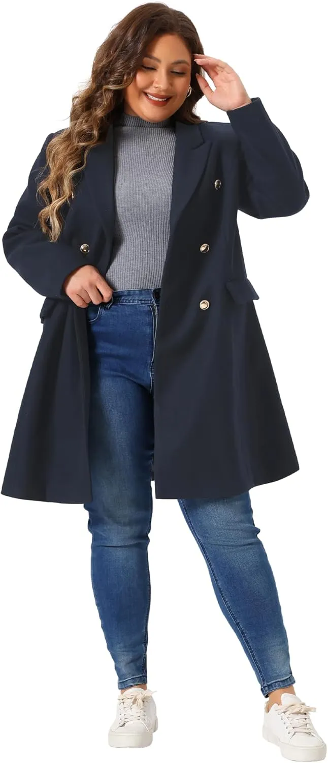Agnes Orinda Plus Size Women Pea Coats Double Breasted Notch Lapel Elegant Winter Long Trench Coats