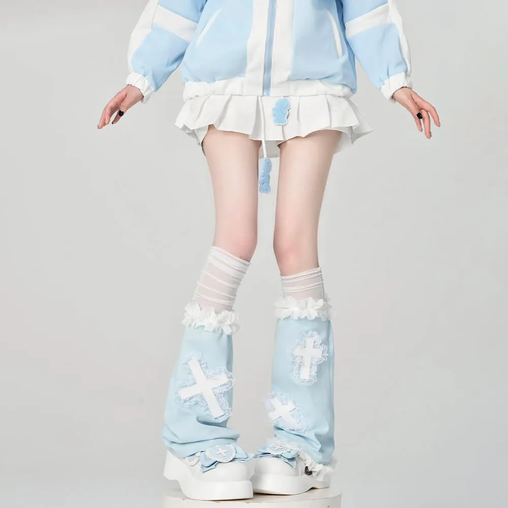 Baby Blue Cross-Appliqué Lace Trim Leg Warmers