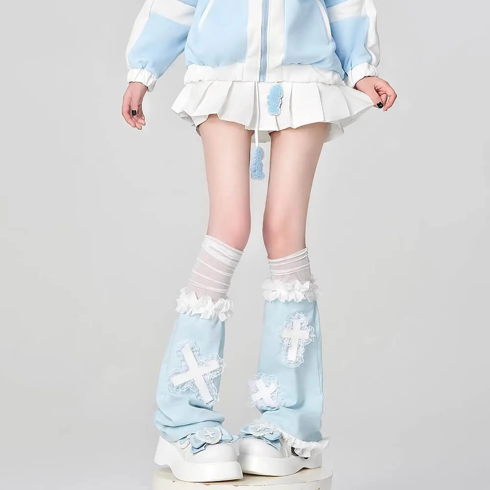 Baby Blue Cross-Appliqué Lace Trim Leg Warmers