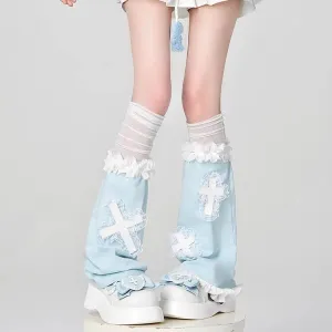 Baby Blue Cross-Appliqué Lace Trim Leg Warmers