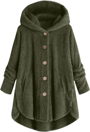 Fleece Jacket Women Button Down Sherpa Jacket Fuzzy Warm Jacket Long Sleeve Hooded Coat Winter Coats for Women