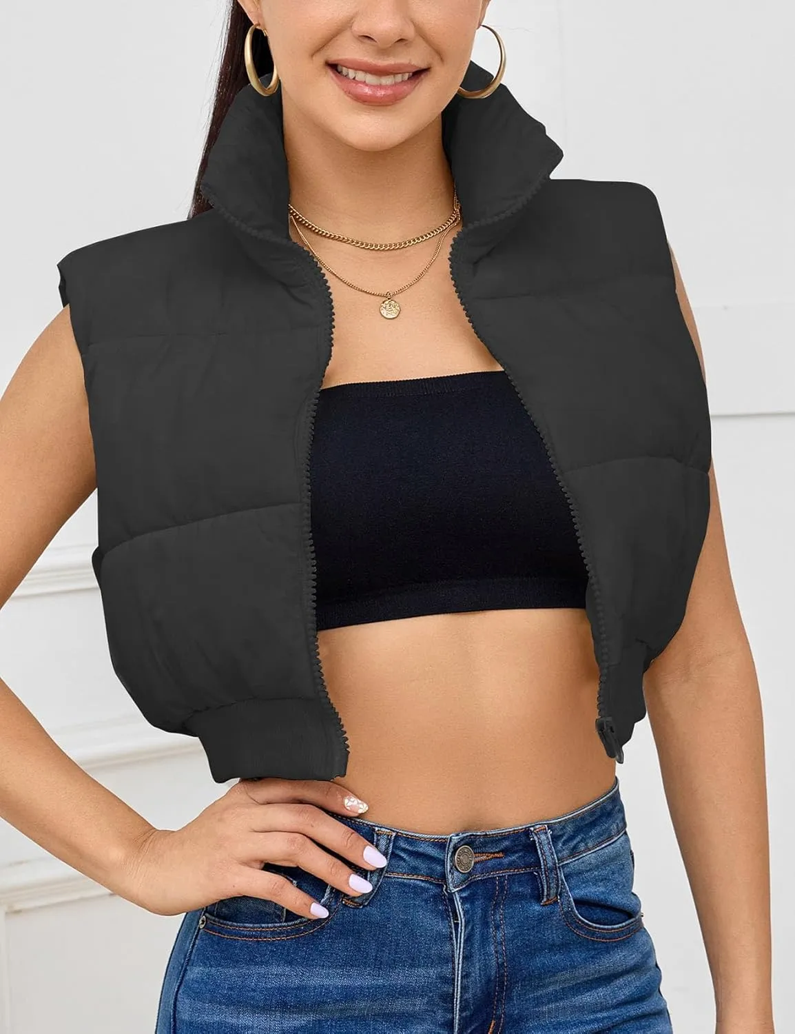 Flygo Women's Cropped Puffer Vest Zip Up Stand Collar Sleeveless Padded Bubble Vest