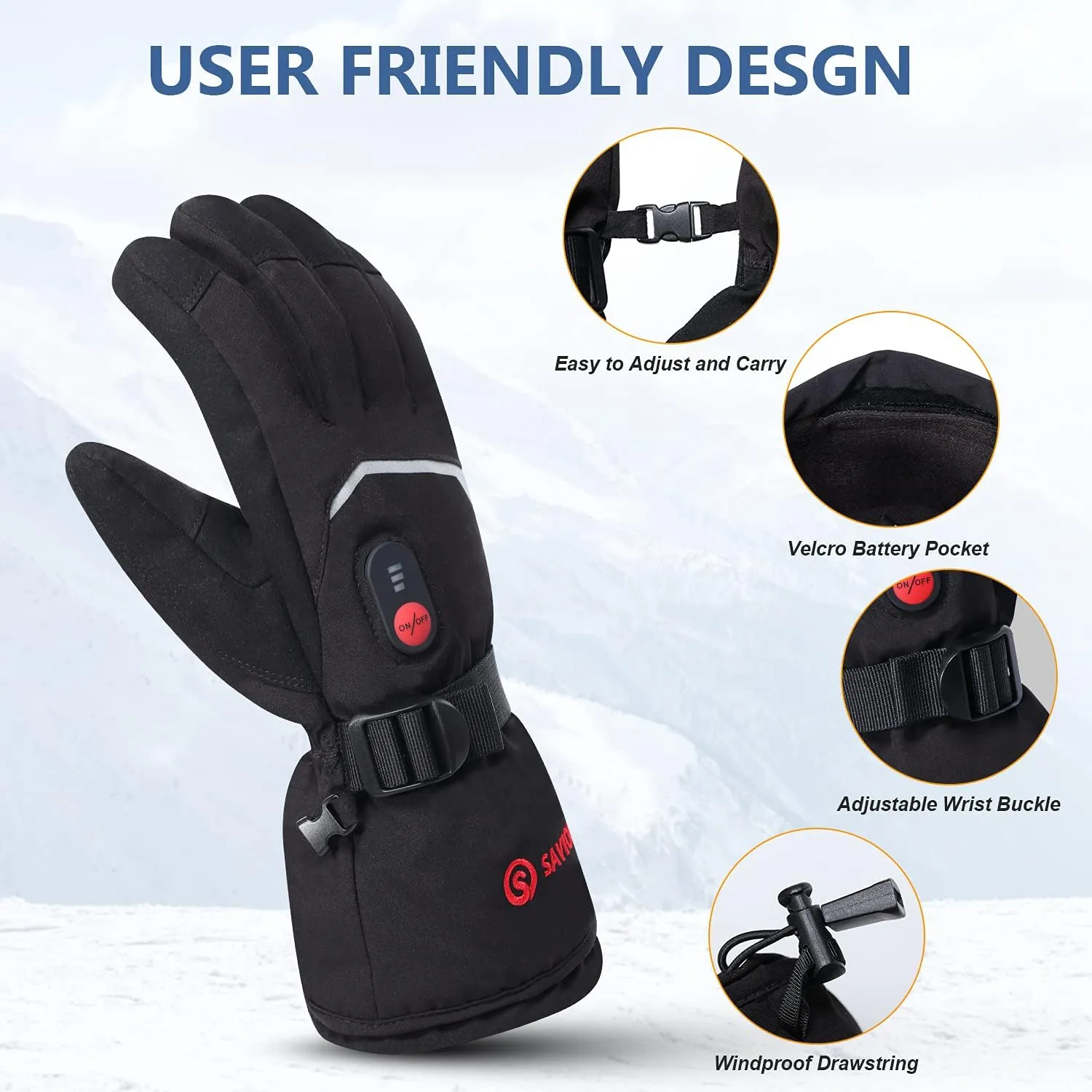 Heated Ski Gloves, 7.4V Rechargeable Battery Heating Gloves for Riding, Hiking, Motorcycling, Winter Hand Warmers