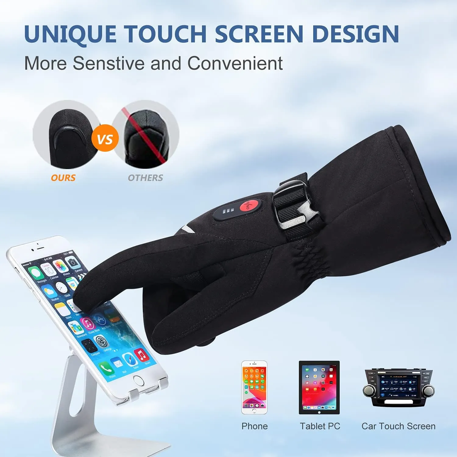 Heated Ski Gloves, 7.4V Rechargeable Battery Heating Gloves for Riding, Hiking, Motorcycling, Winter Hand Warmers