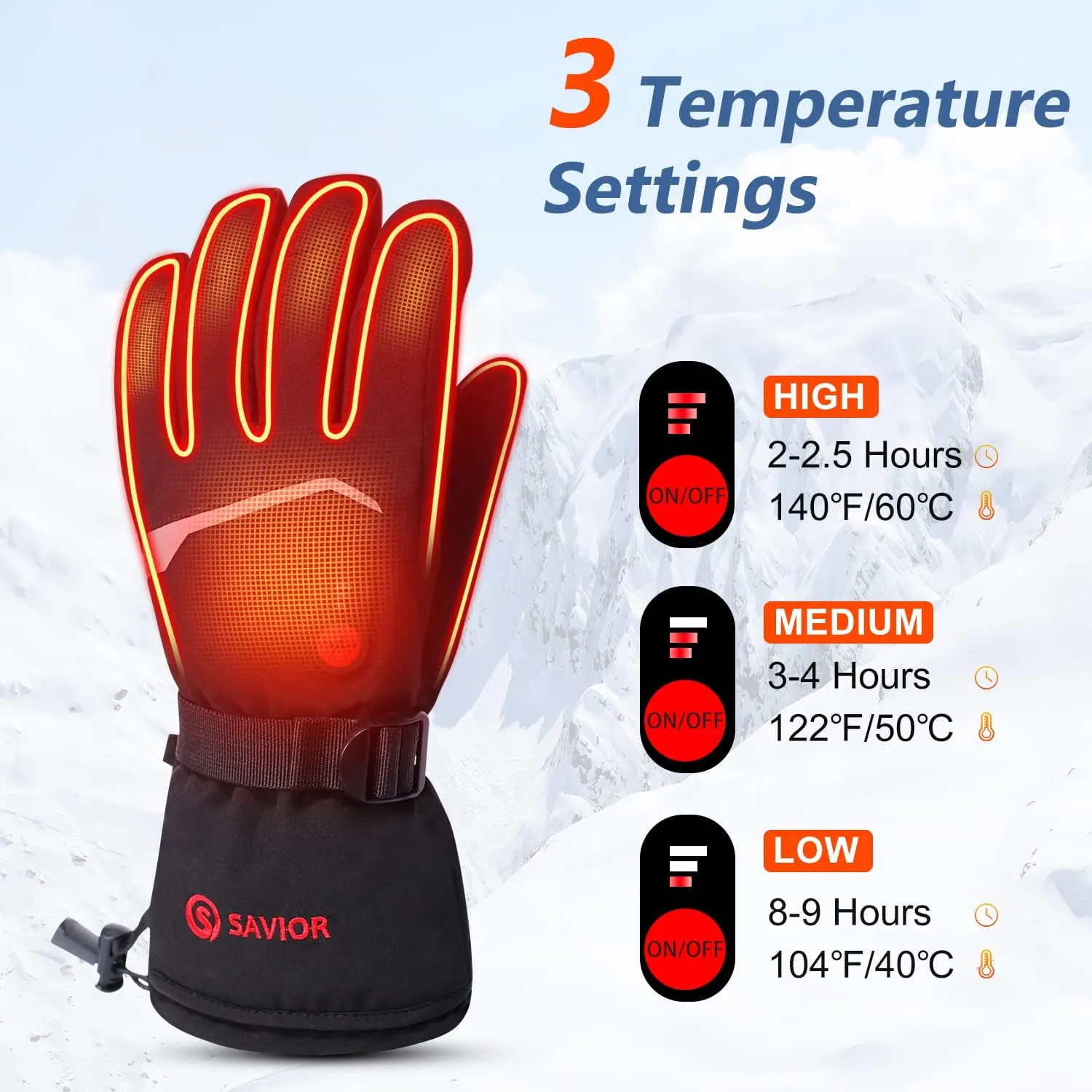 Heated Ski Gloves, 7.4V Rechargeable Battery Heating Gloves for Riding, Hiking, Motorcycling, Winter Hand Warmers