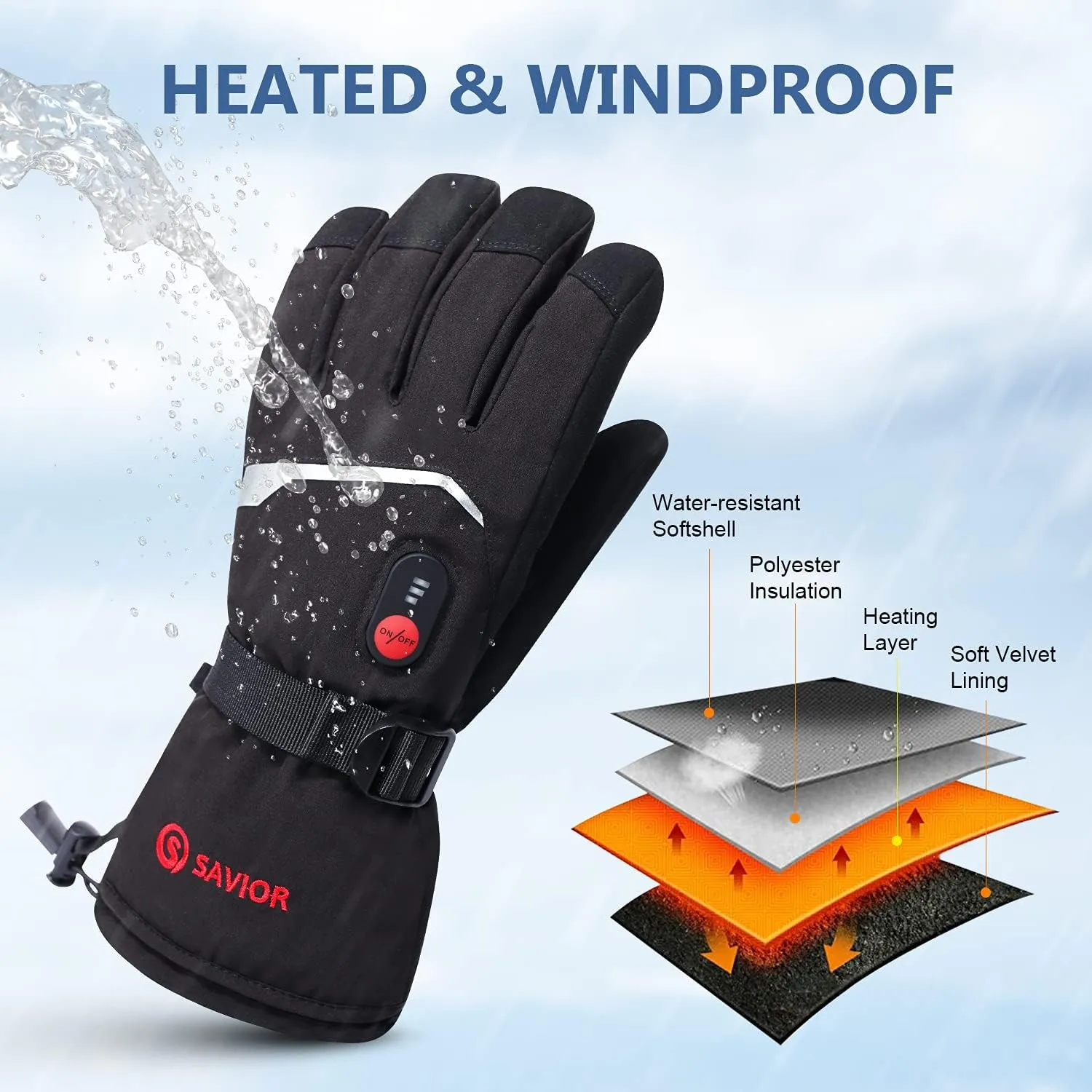 Heated Ski Gloves, 7.4V Rechargeable Battery Heating Gloves for Riding, Hiking, Motorcycling, Winter Hand Warmers