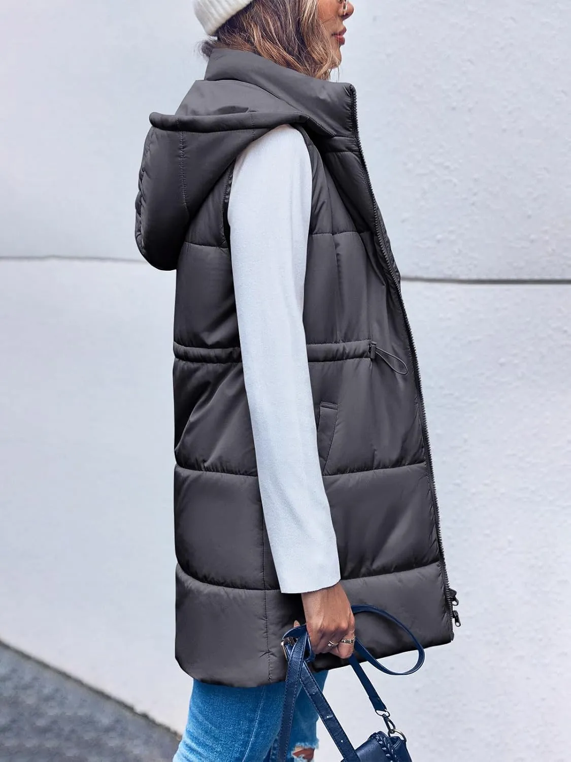 Inorin Womens Quilted Puffer Vests Hooded Sleeveless Long Outwear Jacket Zip Up Winter Coat with Pockets