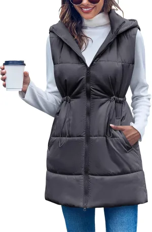 Inorin Womens Quilted Puffer Vests Hooded Sleeveless Long Outwear Jacket Zip Up Winter Coat with Pockets