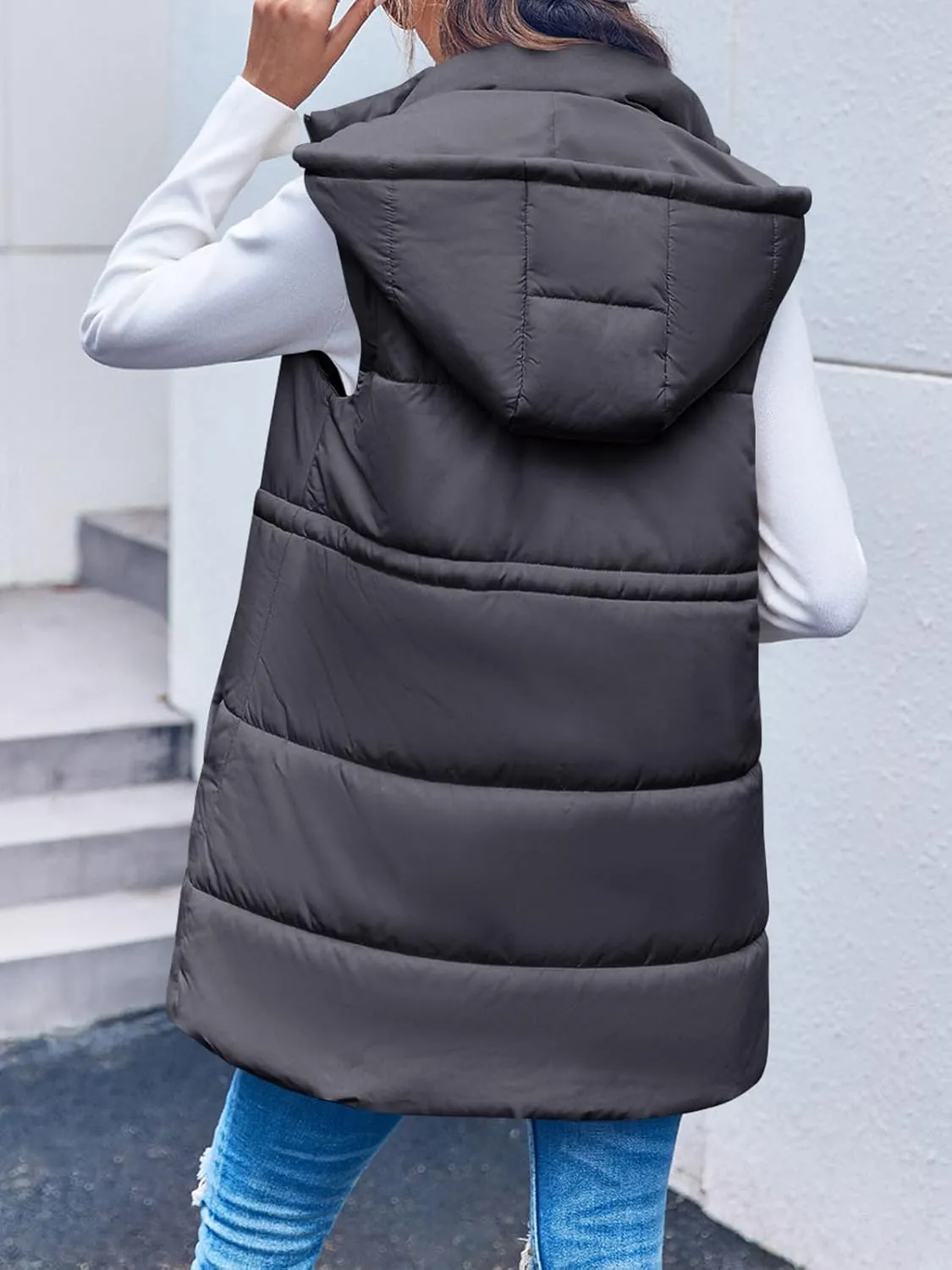 Inorin Womens Quilted Puffer Vests Hooded Sleeveless Long Outwear Jacket Zip Up Winter Coat with Pockets