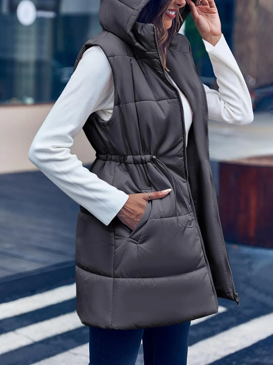 Inorin Womens Quilted Puffer Vests Hooded Sleeveless Long Outwear Jacket Zip Up Winter Coat with Pockets
