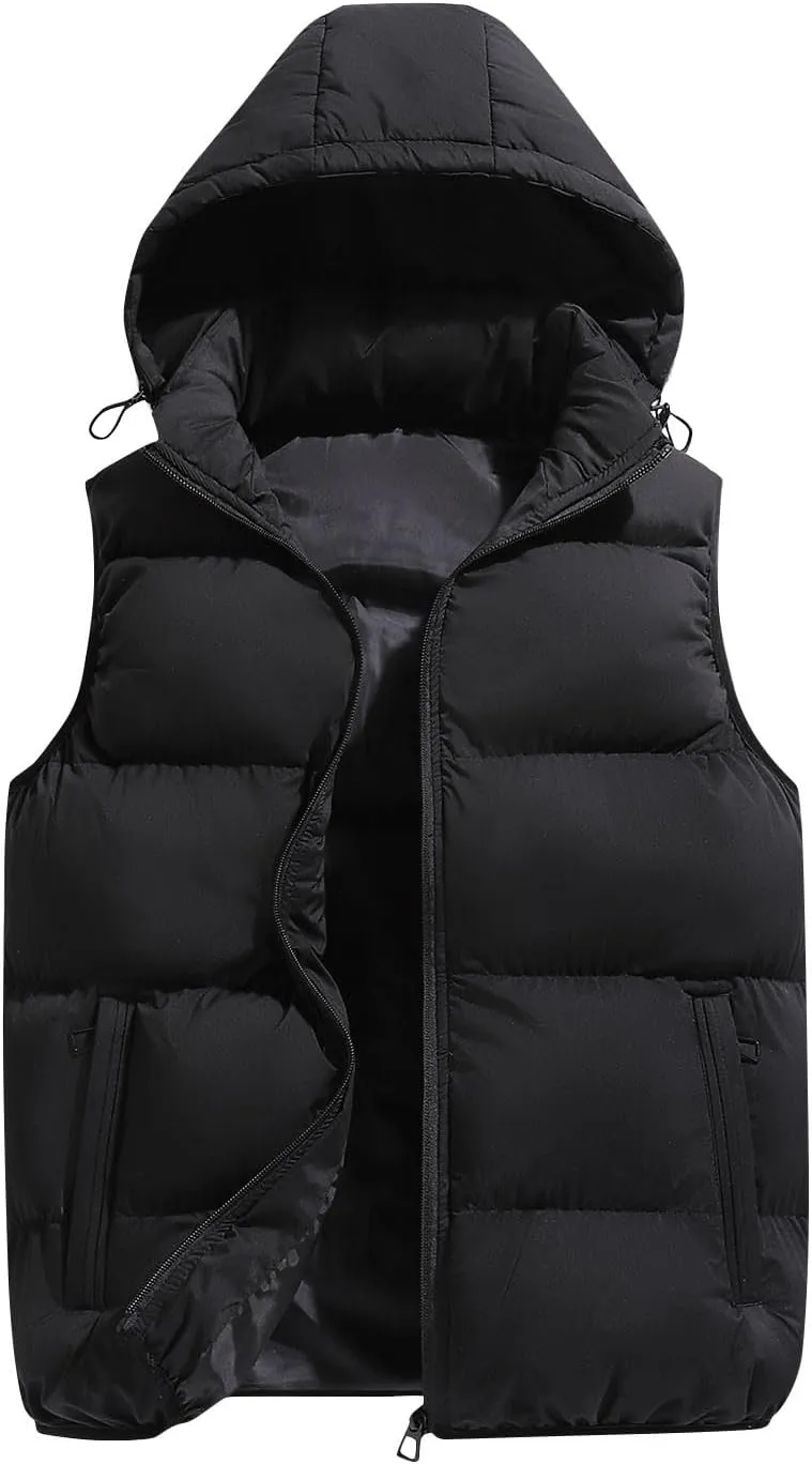 Lmdudan Men's Quilted Puffer Vest Thicken Warm Winter Coat with Hood 2024 Fashion Sleeveless Casual Zip Up Jacket Outerwear