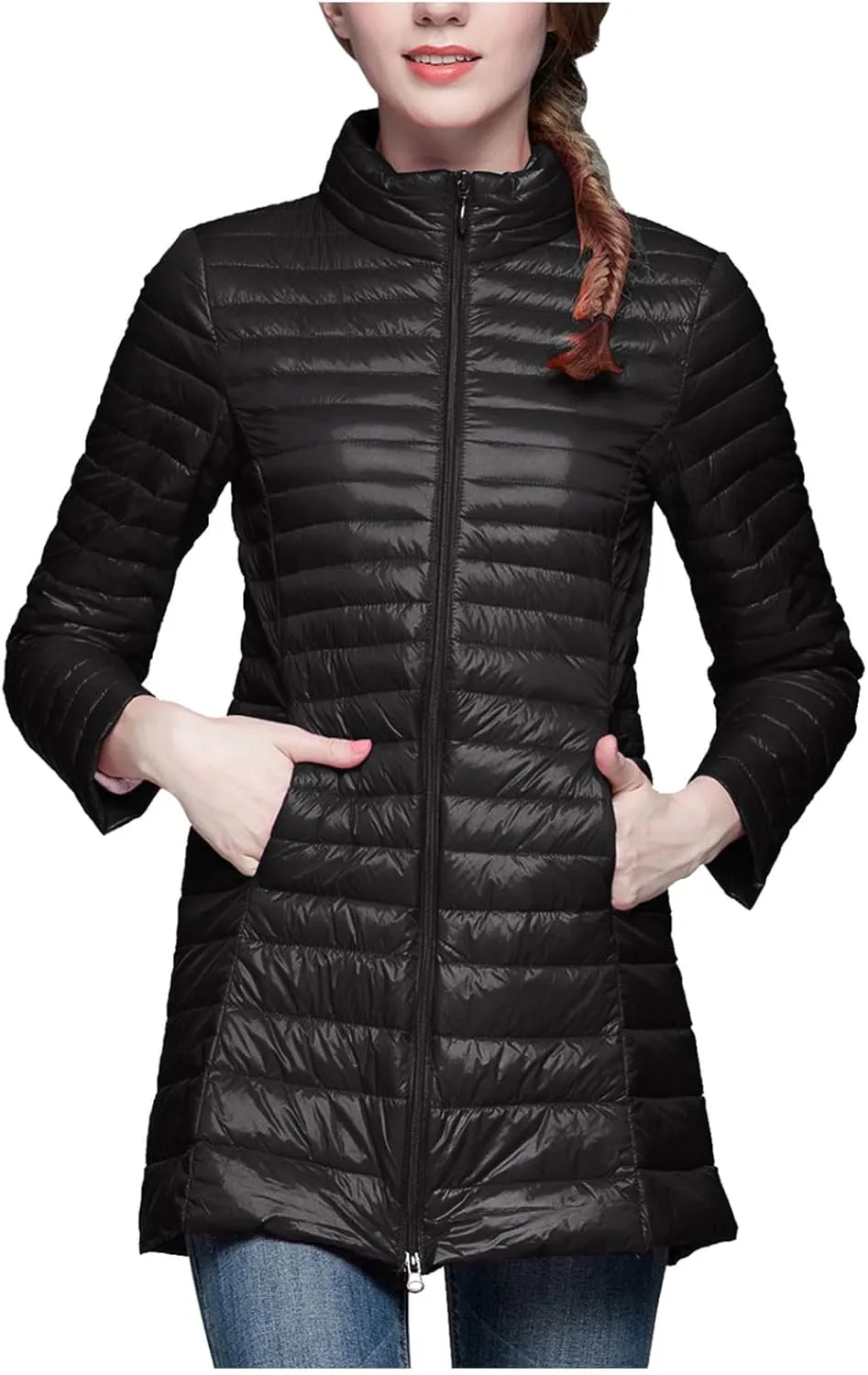 Long Puffer Jackets for Women Lightweight Packable Warm Winter Down Coats Casual Slim Fit Stand Collar Quilted Jacket