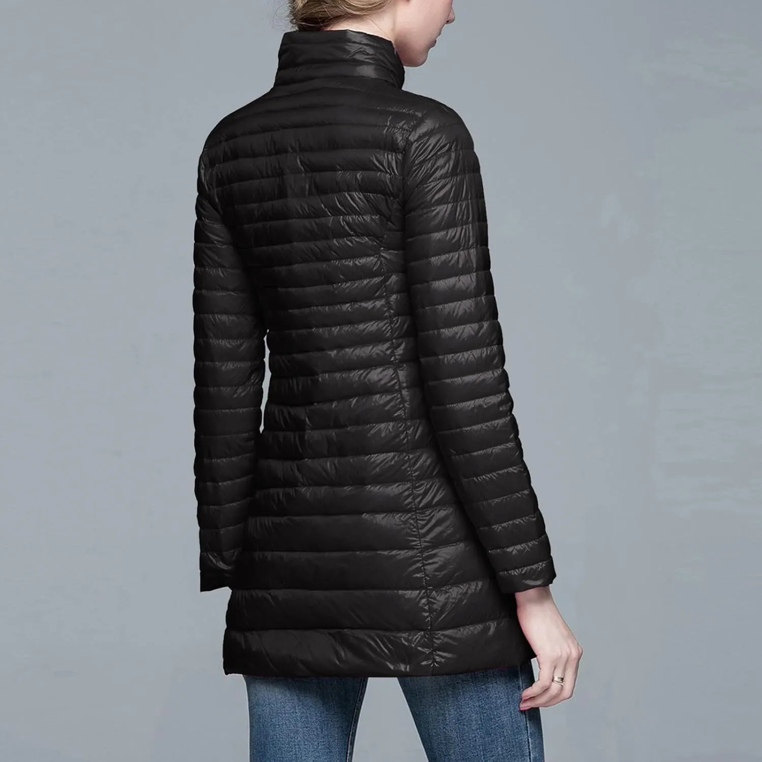 Long Puffer Jackets for Women Lightweight Packable Warm Winter Down Coats Casual Slim Fit Stand Collar Quilted Jacket
