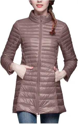Long Puffer Jackets for Women Lightweight Packable Warm Winter Down Coats Casual Slim Fit Stand Collar Quilted Jacket