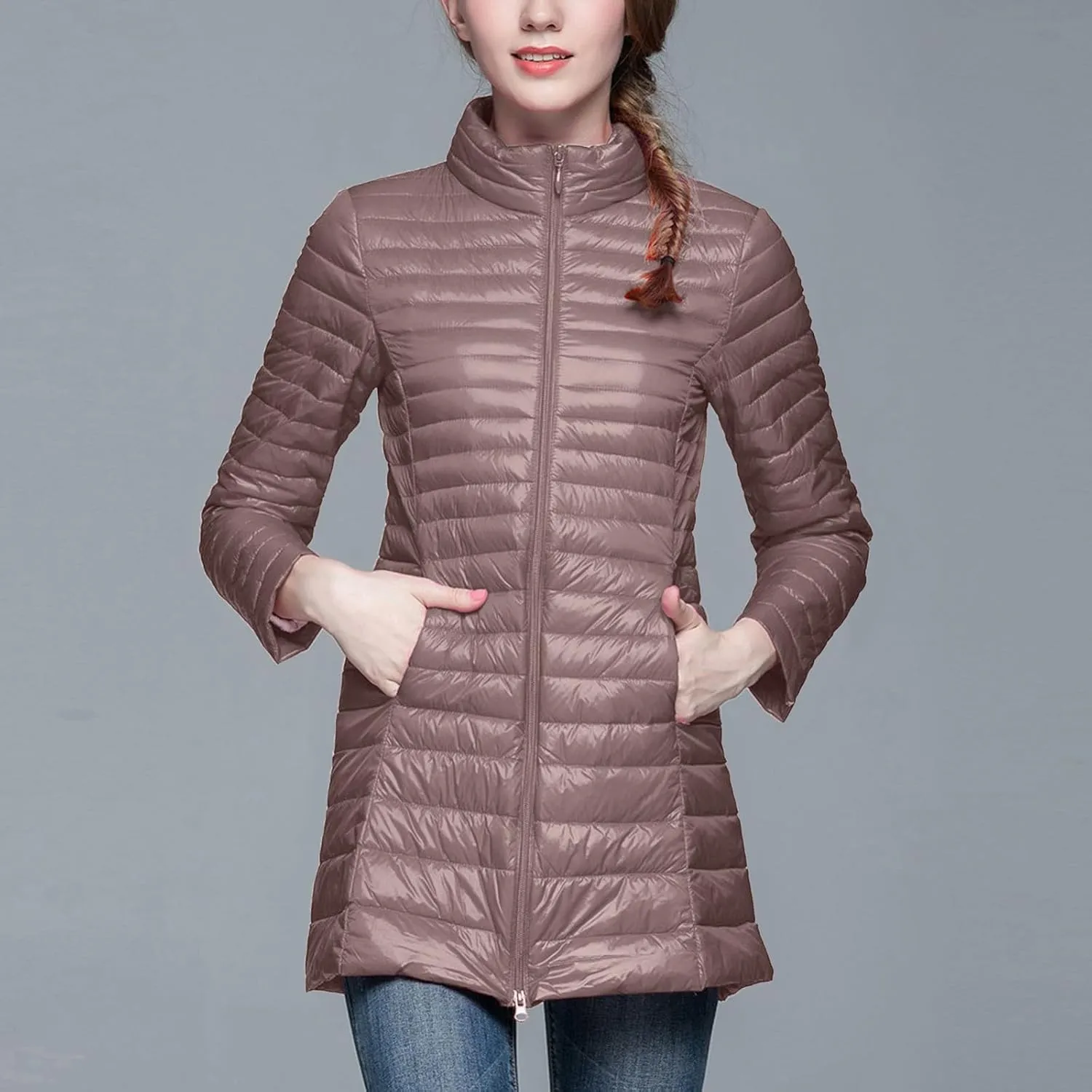 Long Puffer Jackets for Women Lightweight Packable Warm Winter Down Coats Casual Slim Fit Stand Collar Quilted Jacket