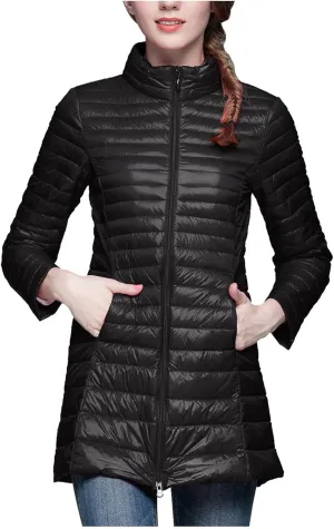Long Puffer Jackets for Women Lightweight Packable Warm Winter Down Coats Casual Slim Fit Stand Collar Quilted Jacket