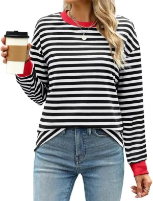 Long Sleeve Shirts for Women Casual Crew Neck Striped Fall Tops Loose Fit Comfy