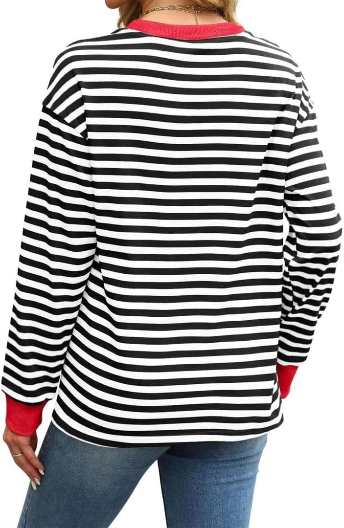 Long Sleeve Shirts for Women Casual Crew Neck Striped Fall Tops Loose Fit Comfy