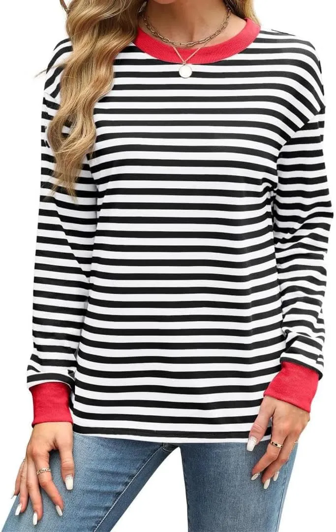 Long Sleeve Shirts for Women Casual Crew Neck Striped Fall Tops Loose Fit Comfy