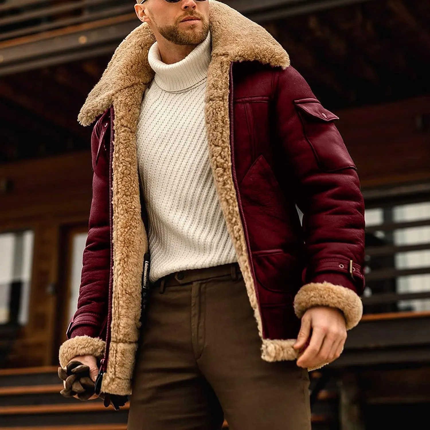 Mens Faux Fur Jacket Sherpa Lined Fleece Shearling Coat Warm Military Cargo Truck Aviator Bomber Jackets Outwear