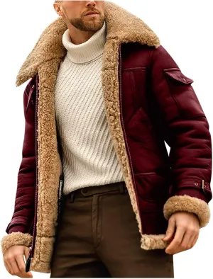 Mens Faux Fur Jacket Sherpa Lined Fleece Shearling Coat Warm Military Cargo Truck Aviator Bomber Jackets Outwear