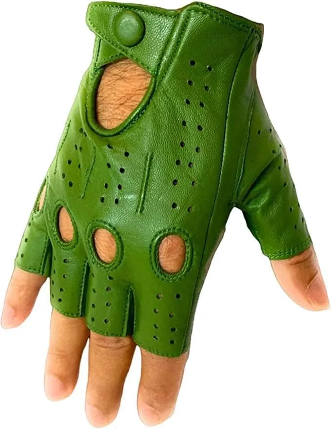 Men's Genuine Sheep Leather Half Finger Driving Cycling Motorbike Exercise and Fitness Fingerless Unlined Gloves