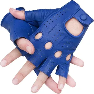 Men's Genuine Sheep Leather Half Finger Driving Cycling Motorbike Exercise and Fitness Fingerless Unlined Gloves