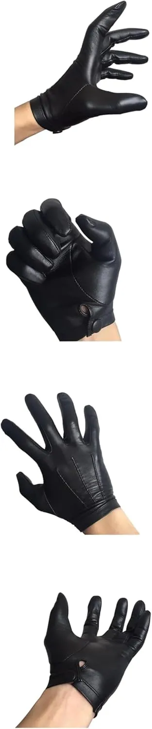 Men's Unlined Italy Thin Leather Gloves Wrist Button Tight-Fitting Leather Gloves Winter Warm Driving Touch Screen Gloves Black Warm Lining S
