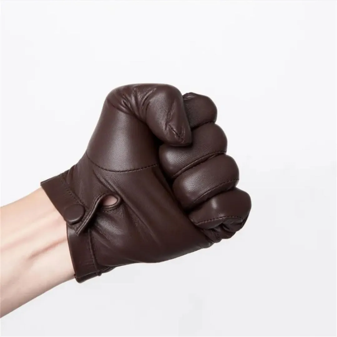 Men's Unlined Italy Thin Leather Gloves Wrist Button Tight-Fitting Leather Gloves Winter Warm Driving Touch Screen Gloves Black Warm Lining S