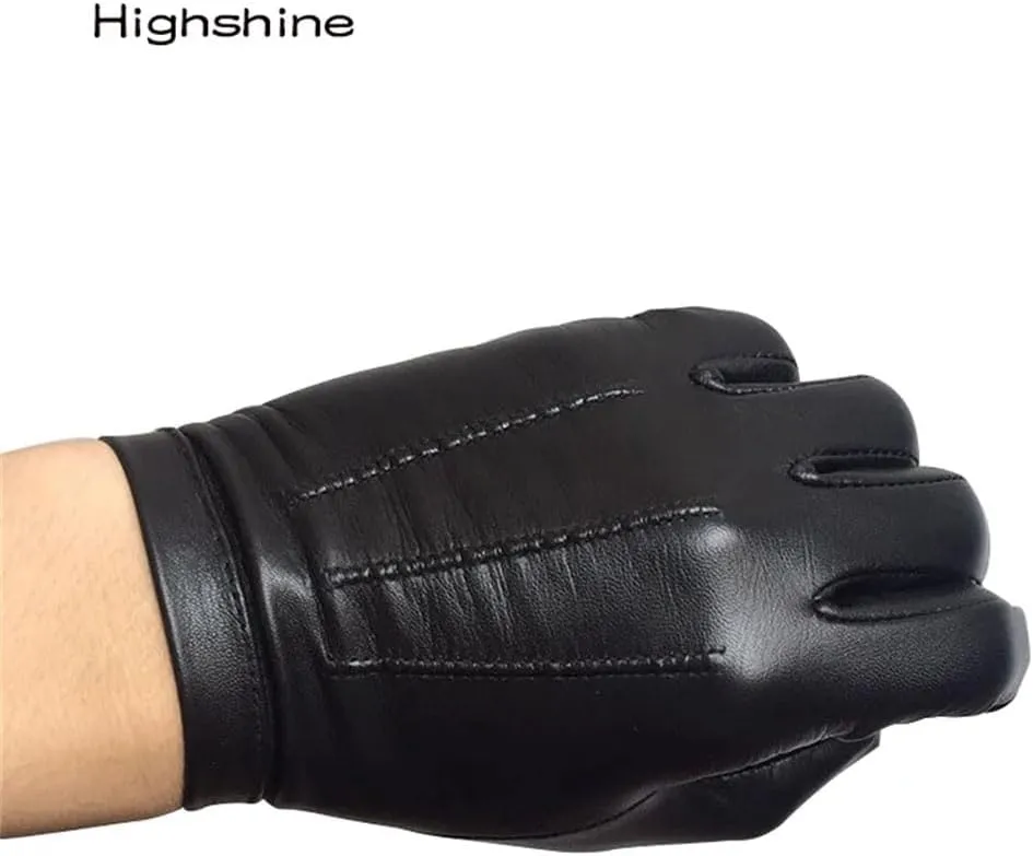 Men's Unlined Italy Thin Leather Gloves Wrist Button Tight-Fitting Leather Gloves Winter Warm Driving Touch Screen Gloves Black Warm Lining S
