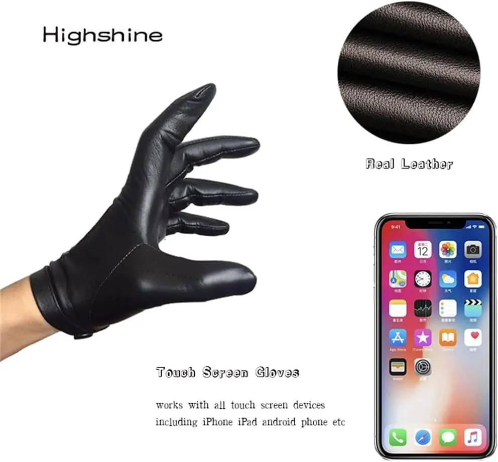 Men's Unlined Italy Thin Leather Gloves Wrist Button Tight-Fitting Leather Gloves Winter Warm Driving Touch Screen Gloves Black Warm Lining S