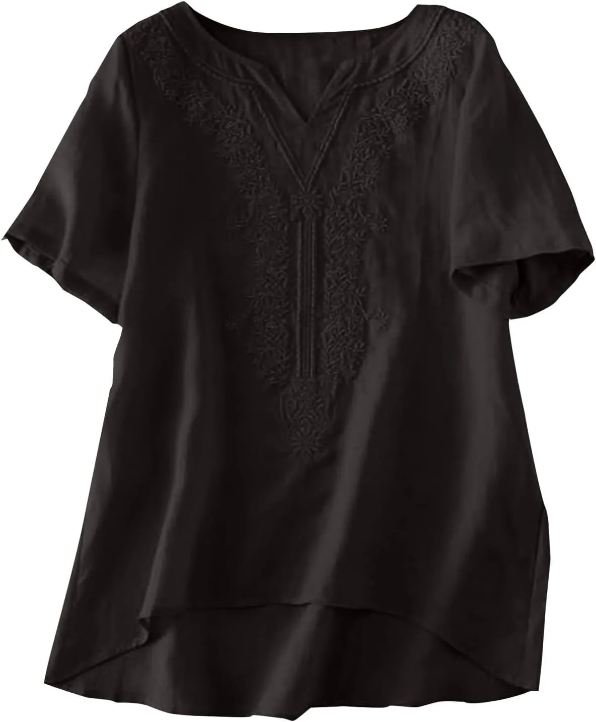 Miyaomn Summer Boho Linen Shirts for Women Floral Embroiderd Loose Flowy Tops Dressy Casual V Neck Short Sleeve Tunic Blouses