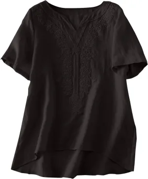 Miyaomn Summer Boho Linen Shirts for Women Floral Embroiderd Loose Flowy Tops Dressy Casual V Neck Short Sleeve Tunic Blouses