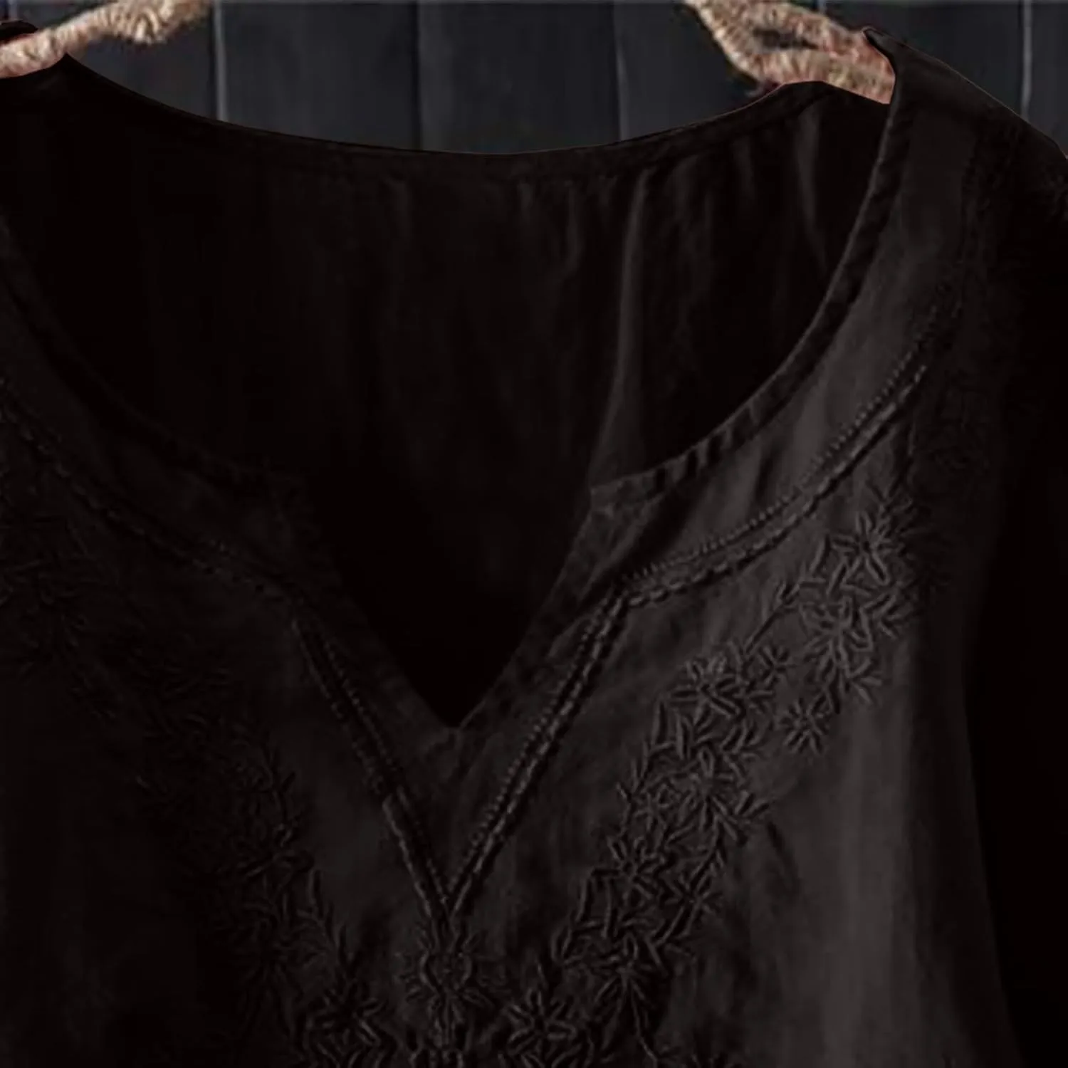 Miyaomn Summer Boho Linen Shirts for Women Floral Embroiderd Loose Flowy Tops Dressy Casual V Neck Short Sleeve Tunic Blouses