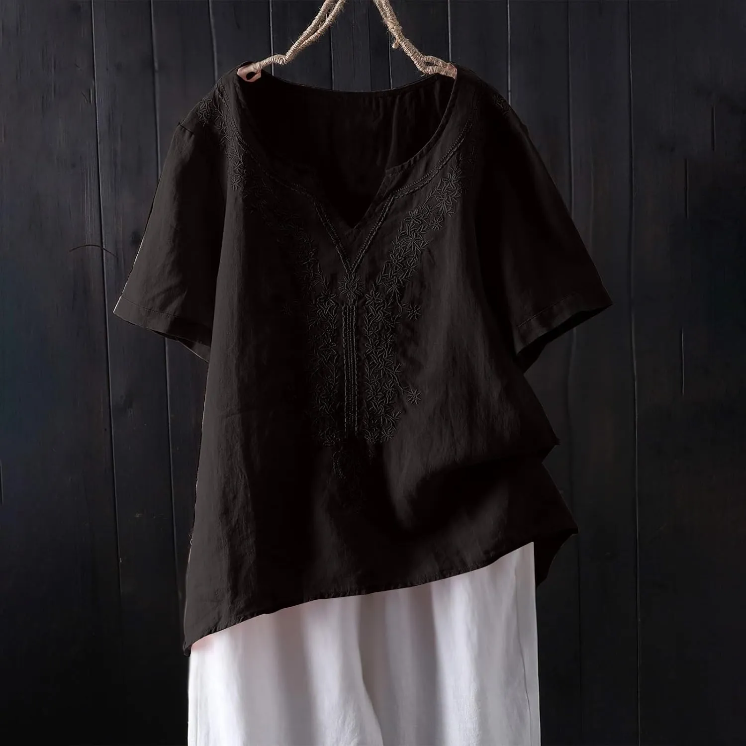 Miyaomn Summer Boho Linen Shirts for Women Floral Embroiderd Loose Flowy Tops Dressy Casual V Neck Short Sleeve Tunic Blouses