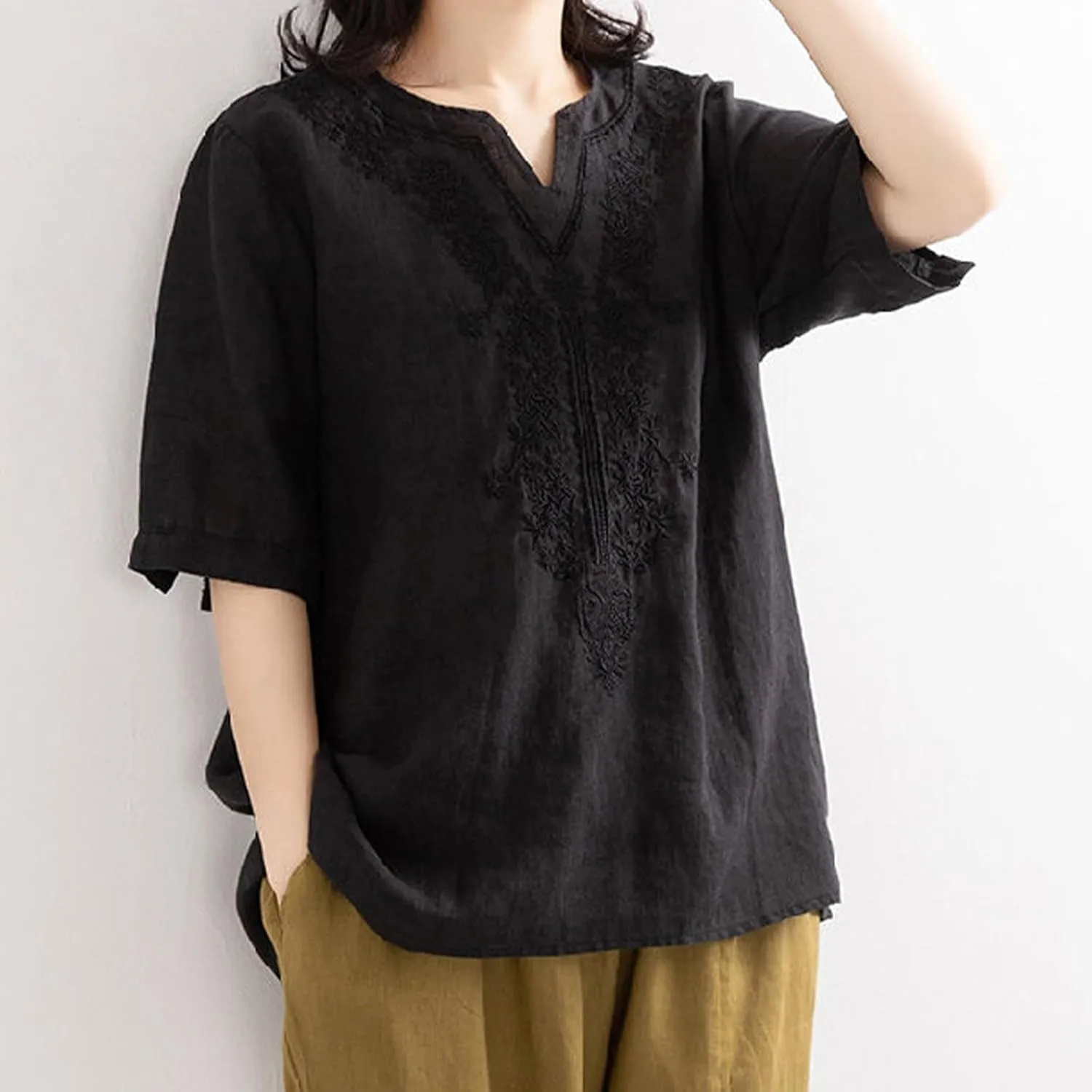 Miyaomn Summer Boho Linen Shirts for Women Floral Embroiderd Loose Flowy Tops Dressy Casual V Neck Short Sleeve Tunic Blouses