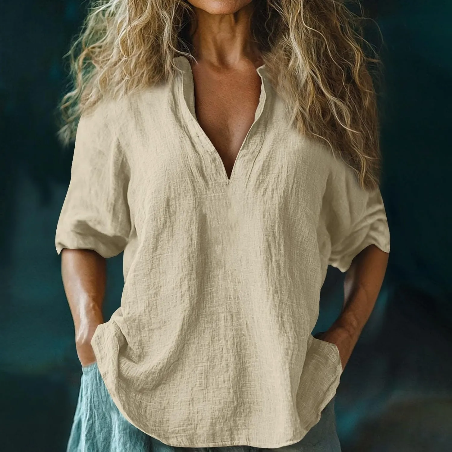 Miyaomn Womens Linen Tops Casual Loose Fit V Neck Roll Up Sleeve Solid Tunic Shirts Oversized Lightweight Summer Comfy Blouse