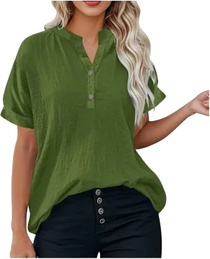 Miyaomn Women's Linen Tops Plus Size Summer Casual V Neck Blouses Short Sleeve Button Down Shirts 2025 Trendy Clothes Outfits
