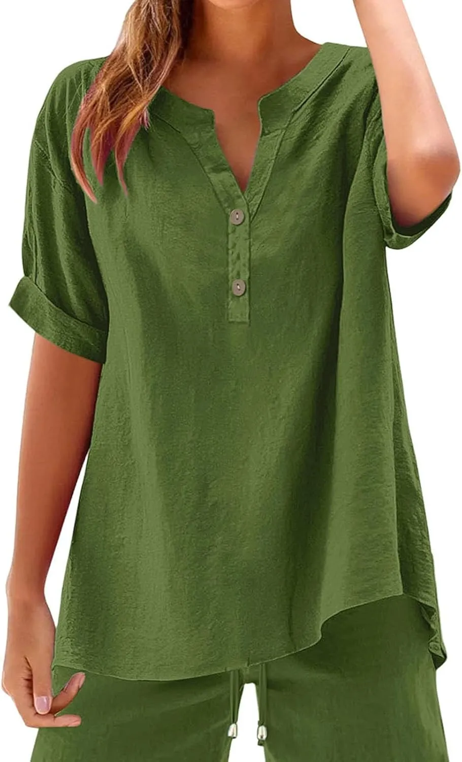 Miyaomn Women's Linen Tops Plus Size Summer Casual V Neck Blouses Short Sleeve Button Down Shirts 2025 Trendy Clothes Outfits
