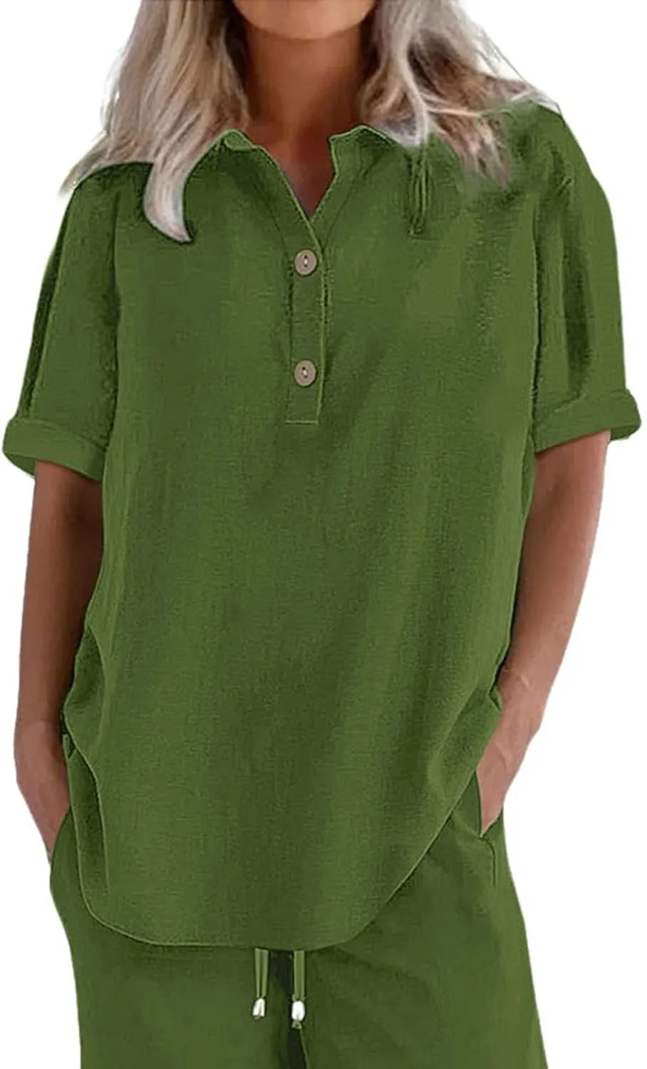Miyaomn Women's Linen Tops Plus Size Summer Casual V Neck Blouses Short Sleeve Button Down Shirts 2025 Trendy Clothes Outfits