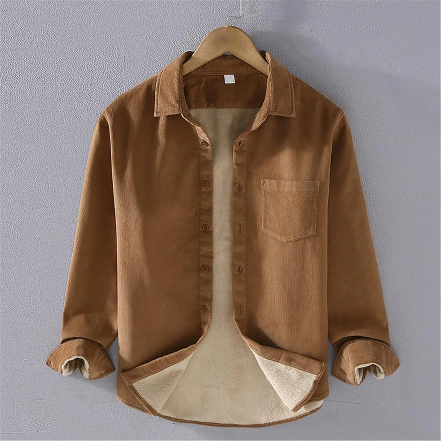 Sherpa Lined Shirt Men Plus Size Long Sleeve Cotton Snap Button Shirts Thermal Winter Casual Jacket with Chest Pocket