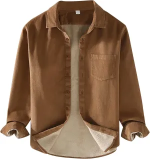 Sherpa Lined Shirt Men Plus Size Long Sleeve Cotton Snap Button Shirts Thermal Winter Casual Jacket with Chest Pocket