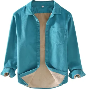 Sherpa Lined Shirt Men Plus Size Long Sleeve Cotton Snap Button Shirts Thermal Winter Casual Jacket with Chest Pocket