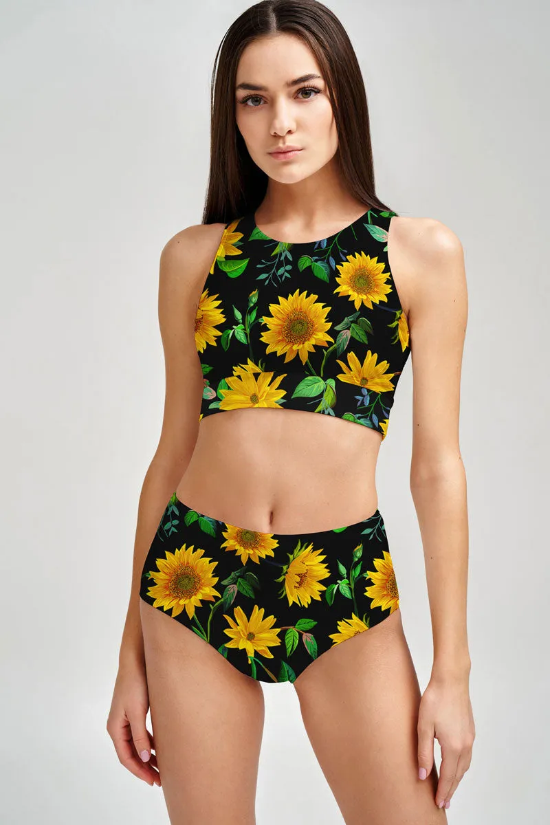 Sunnyflower Cara Black Yellow High-Waist Hipster Bikini Bottom - Women