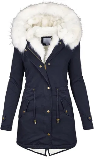 Womens Casual Faux Fur Lapel Zip Quilted Parka Jacket Puffer Coat Fall Winter Coat Thicken Military Parka Jacket