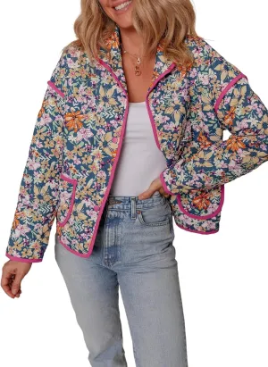 Womens Floral Quilted Jackets Lightweight Cropped Button Down Padded Puffer Jacket Winter Warm Coats