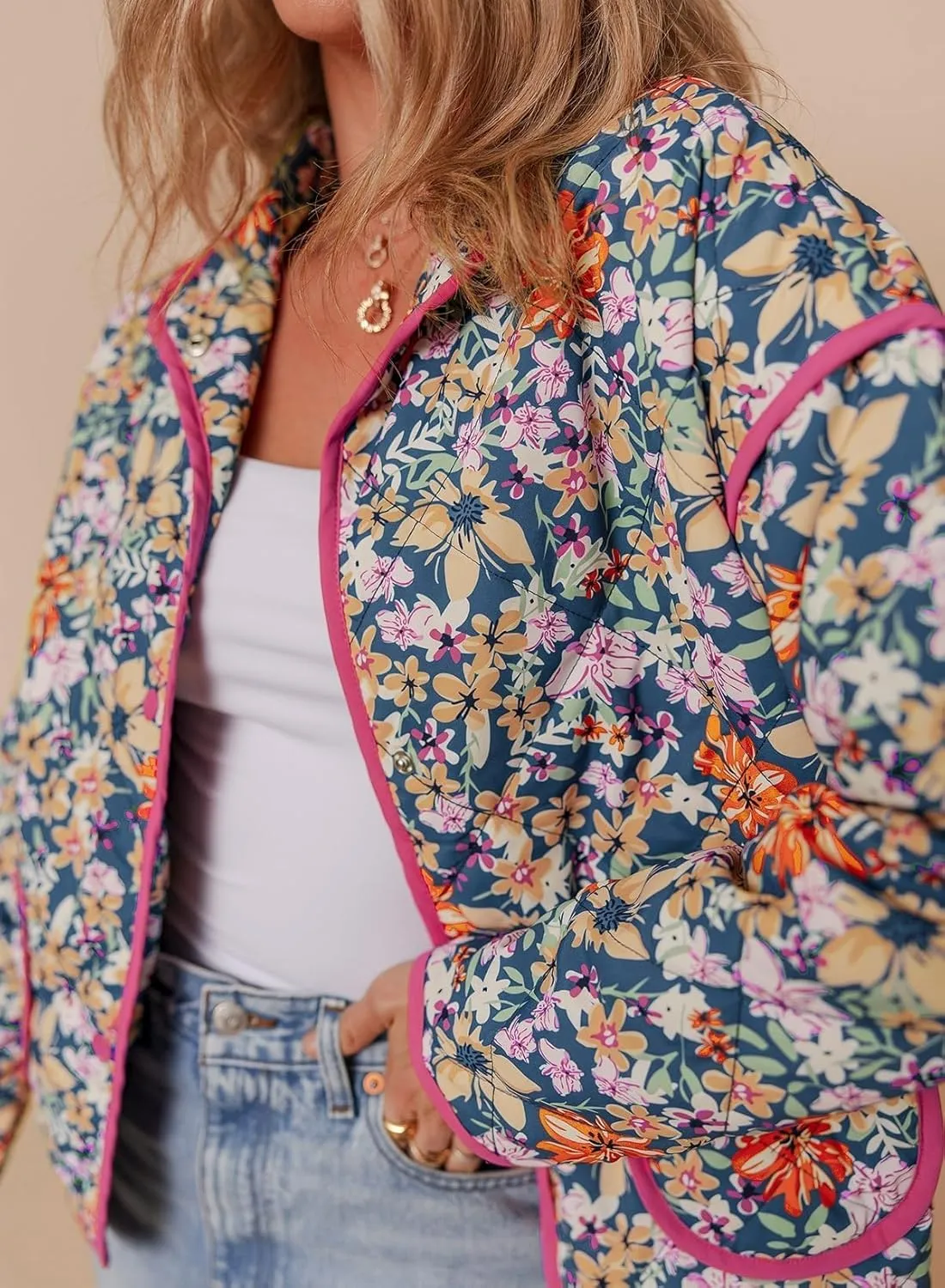 Womens Floral Quilted Jackets Lightweight Cropped Button Down Padded Puffer Jacket Winter Warm Coats