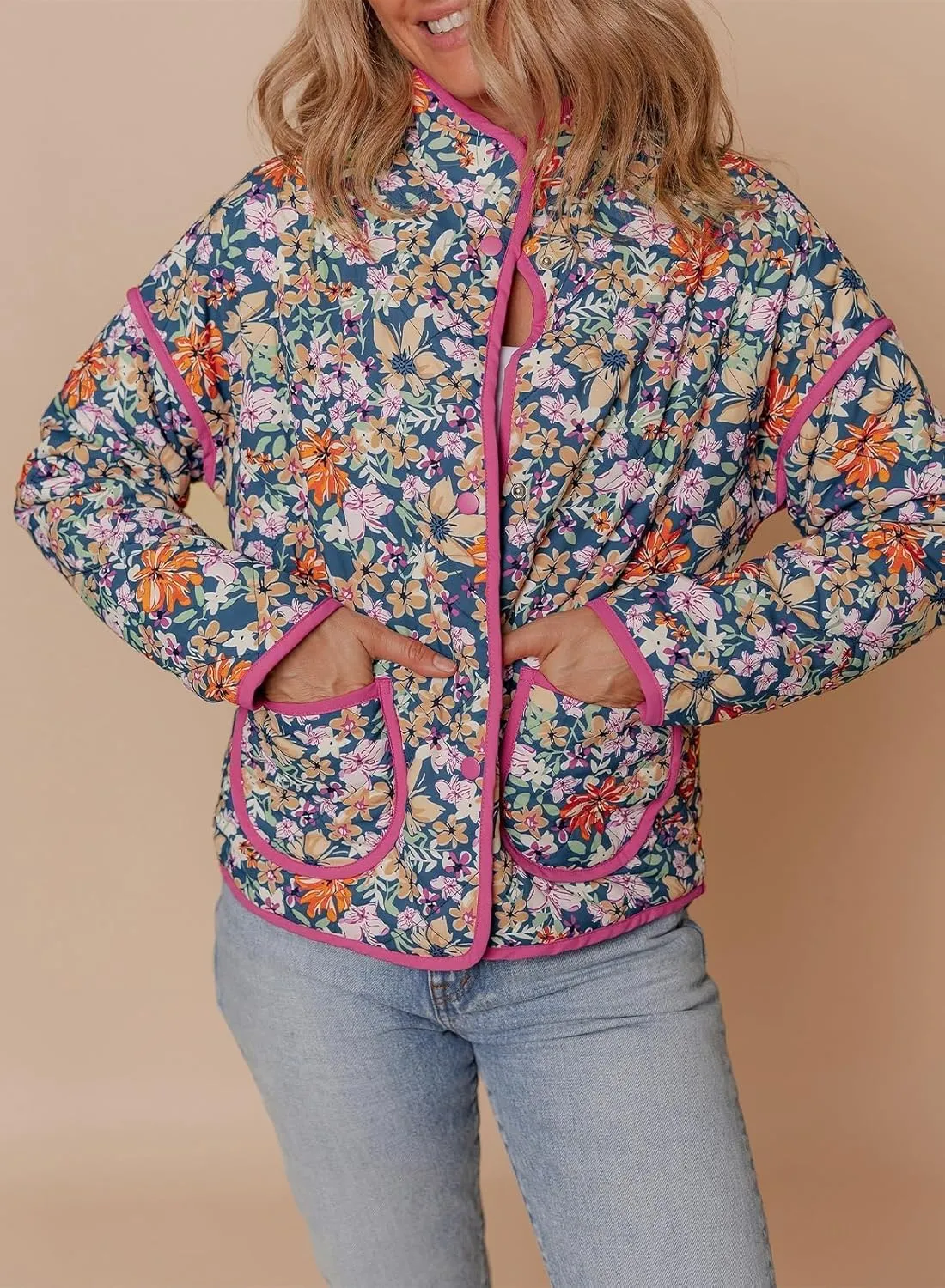 Womens Floral Quilted Jackets Lightweight Cropped Button Down Padded Puffer Jacket Winter Warm Coats