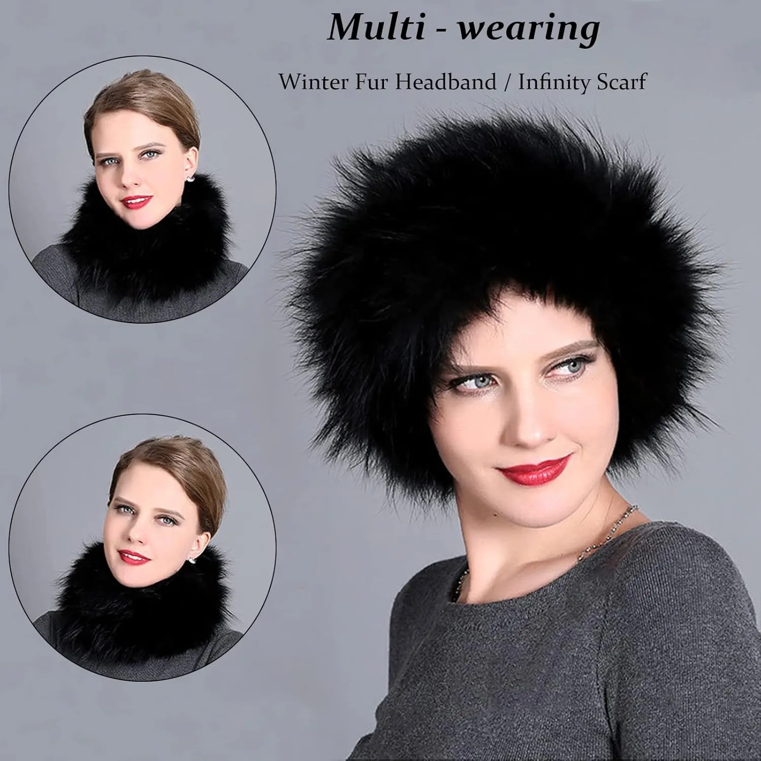 Womens Real Fox Fur Neck Warmer Soft Winter Infinity Scarf Fluffy Loop Scarves (Black)