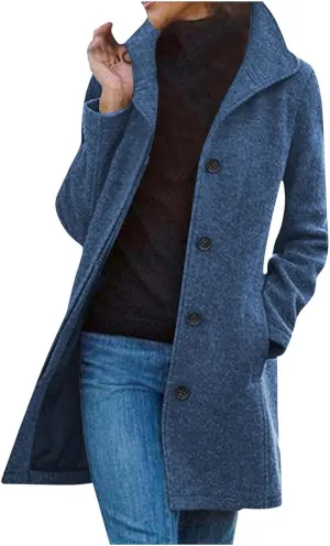 Women's Solid Color Thermal Windbreaker Notched Lapel Single Breasted Thick A-Line Wool Pea Coat with Pockets